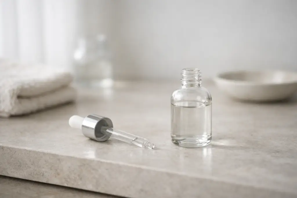 Clear glass dropper and simple bottle on a neutral bathroom counter, suggesting gentle, lightweight scalp care in a calm, minimalist setting.