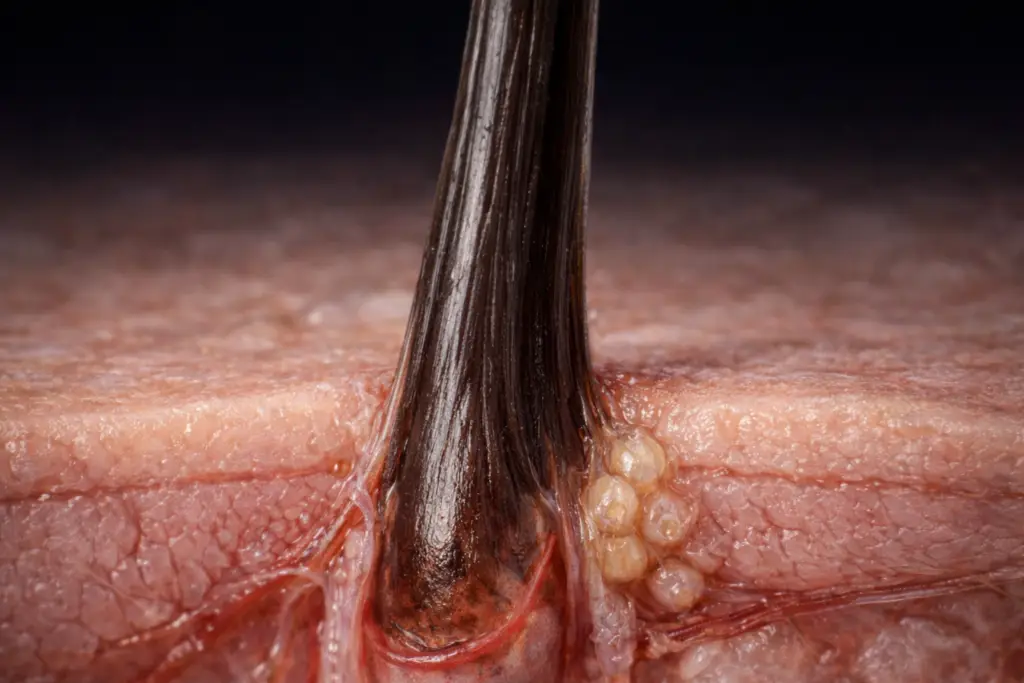 Extreme close-up cross-section of a human scalp showing a hair follicle embedded in skin, with visible sebaceous glands and surrounding tissue, illustrating where hair growth originates beneath the surface