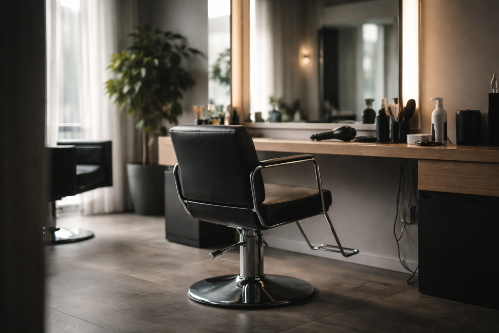 A quiet, modern hair salon with an empty black styling chair centered in front of a mirror, tools neatly arranged on the station, natural light creating a calm, professional atmosphere.