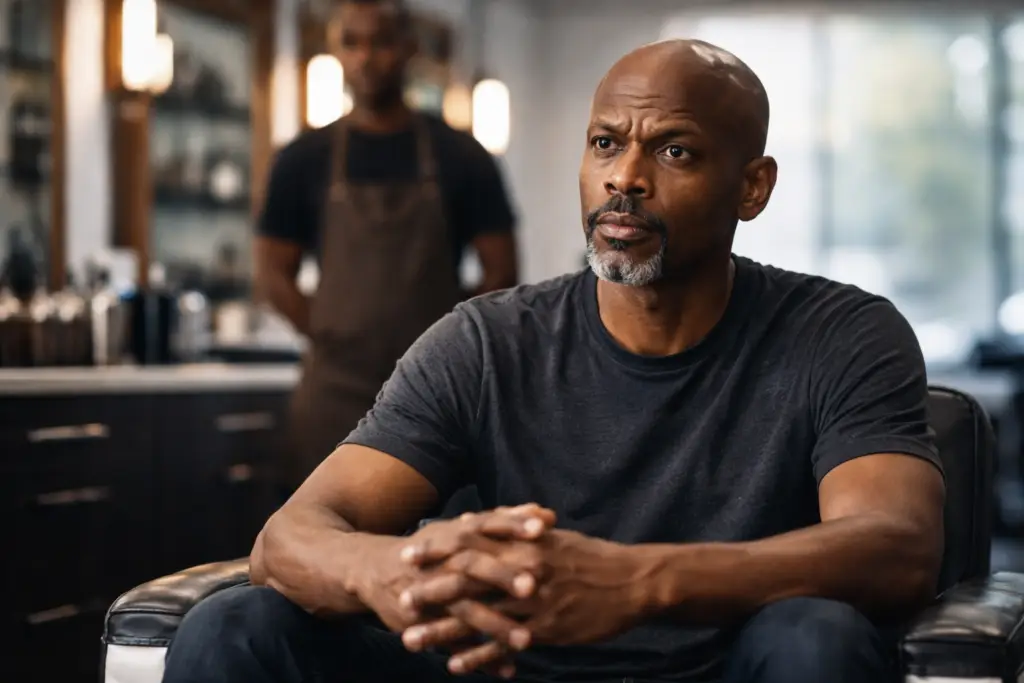 Thoughtful African American man sitting in a barbershop chair without a cape, hands folded, while a barber stands blurred in the background under soft natural light.