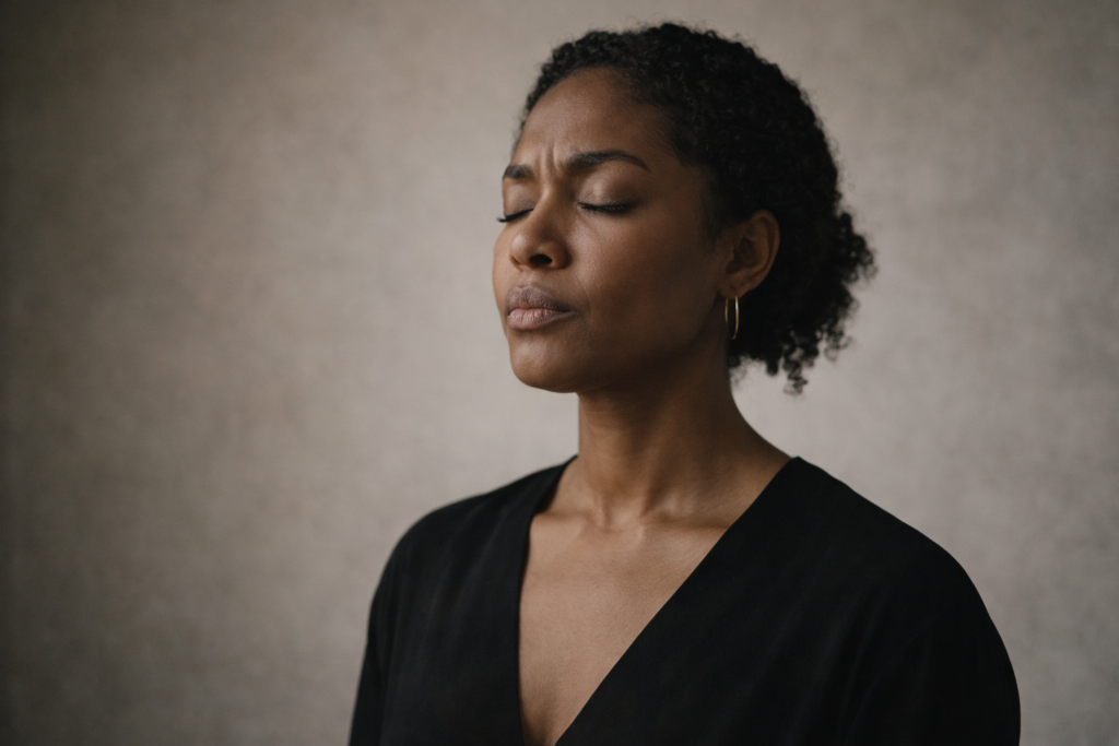 Woman with eyes closed practicing mindful breathing in soft natural light