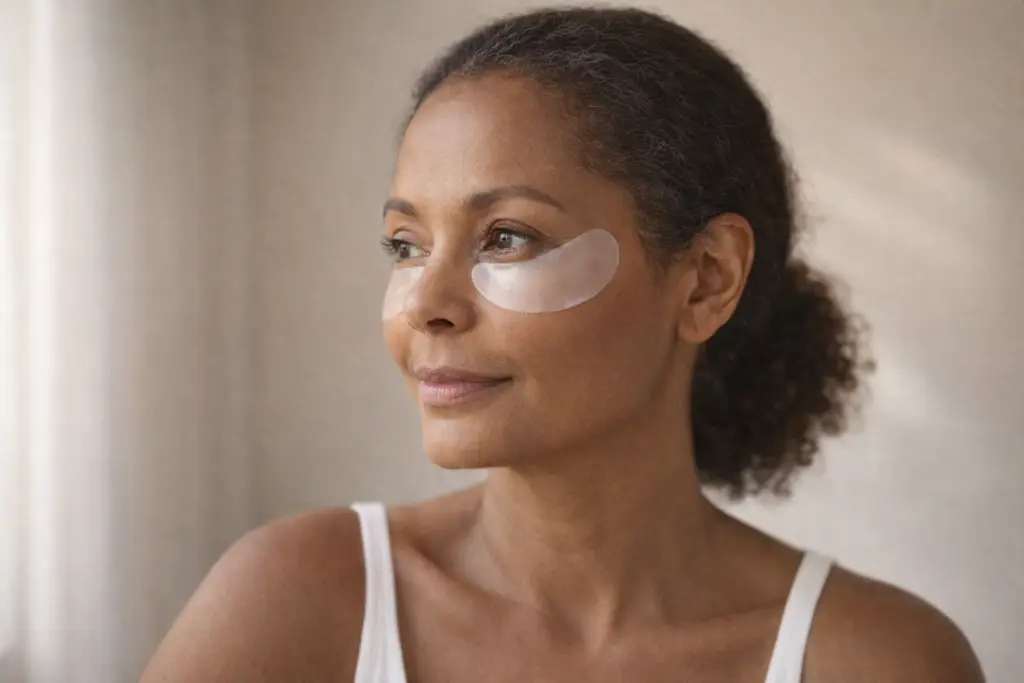 African American woman wearing hydrogel under-eye patches in soft natural light