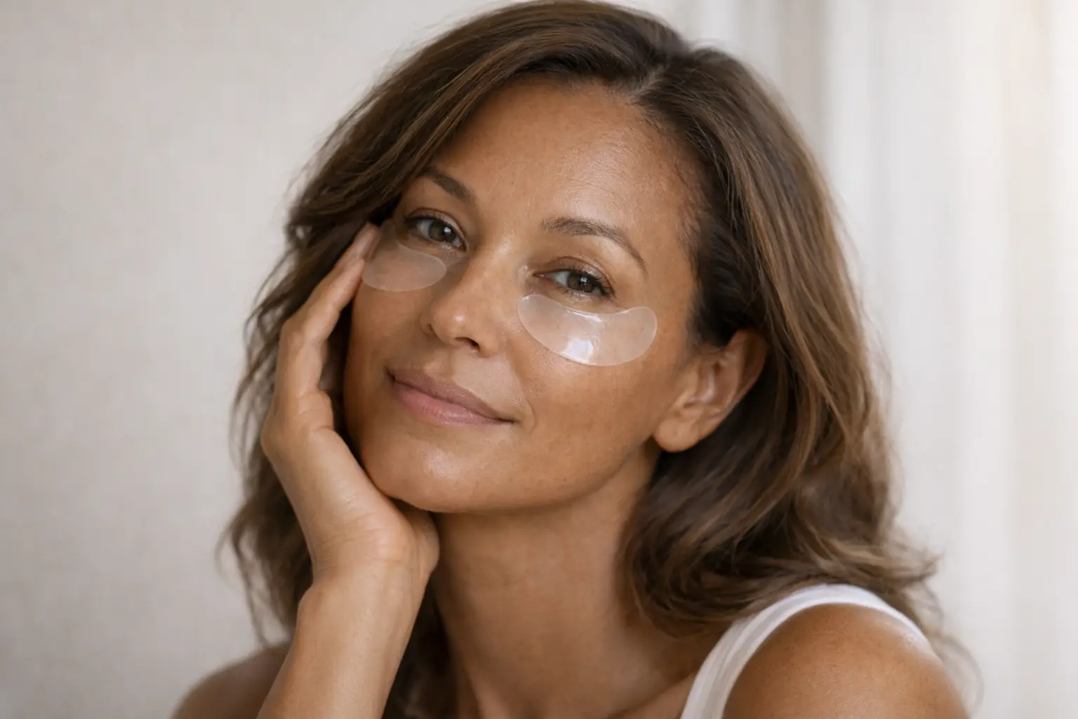 African American woman wearing hydrogel under-eye patches in soft natural light