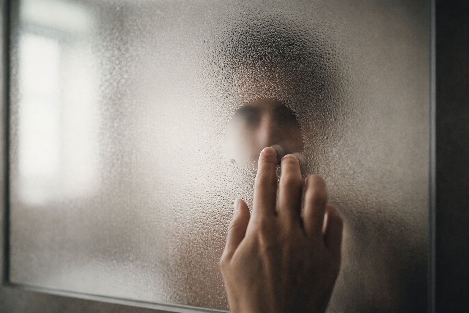 Minimalist bathroom scene showing a fogged mirror as a hand clears a small area of condensation, exposing a partial reflection.