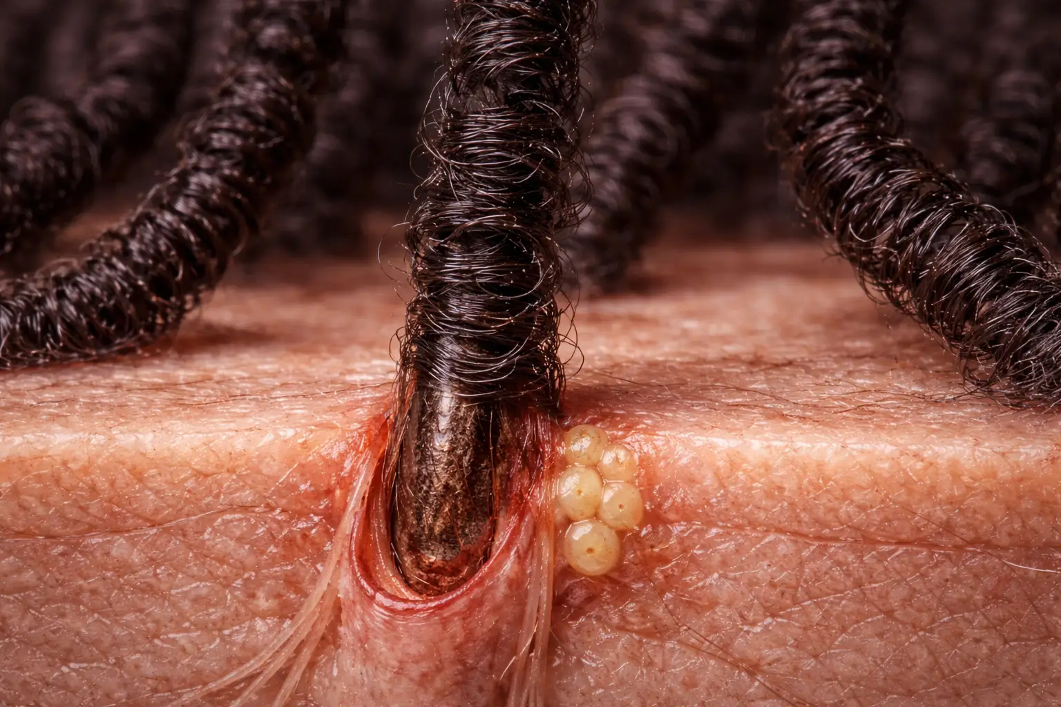 Extreme close-up cross-section of a human scalp showing a hair follicle embedded in skin, with visible sebaceous glands and surrounding tissue, illustrating where hair growth originates beneath the surface