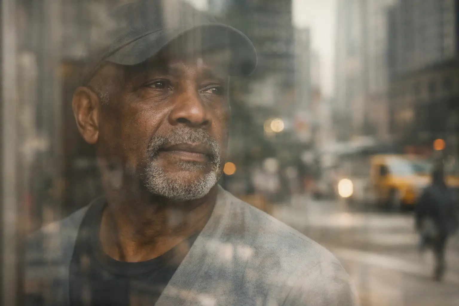A mature African American man looks thoughtfully through a window, his face reflected alongside blurred city buildings in soft natural light.