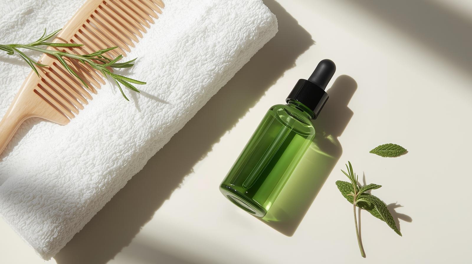 Bottle of rosemary scalp serum on a clean, neutral background