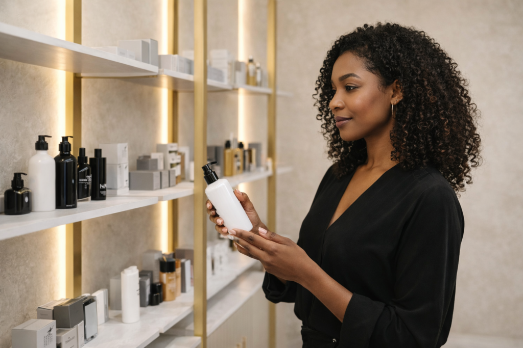 Black hairstylist standing in a salon retail area holding a professional haircare product