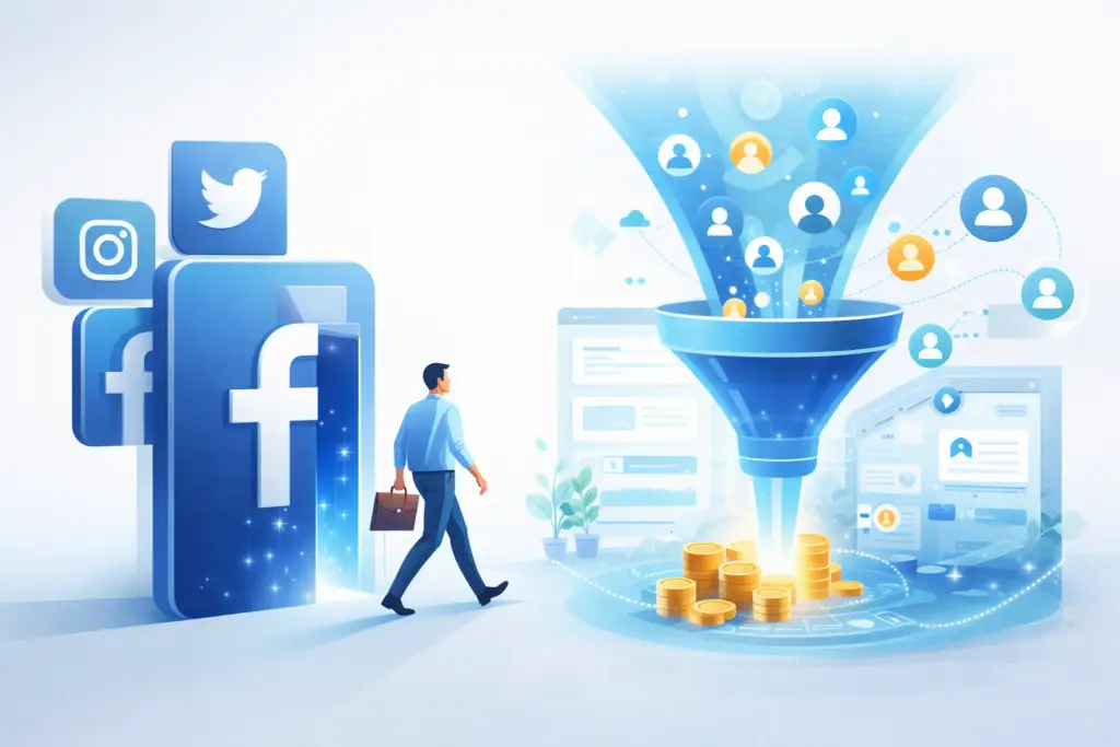 Illustration of a business owner moving from social media platforms toward an independent online sales funnel system with connected customers and digital marketing automation.
