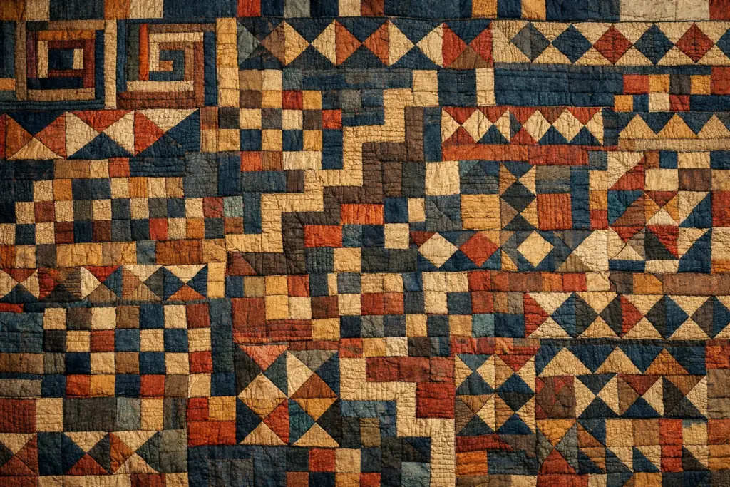 Overhead view of a handmade Gullah Geechee patchwork quilt with geometric patterns in indigo, rust, ochre, and cream, symbolizing movement, language, and survival.