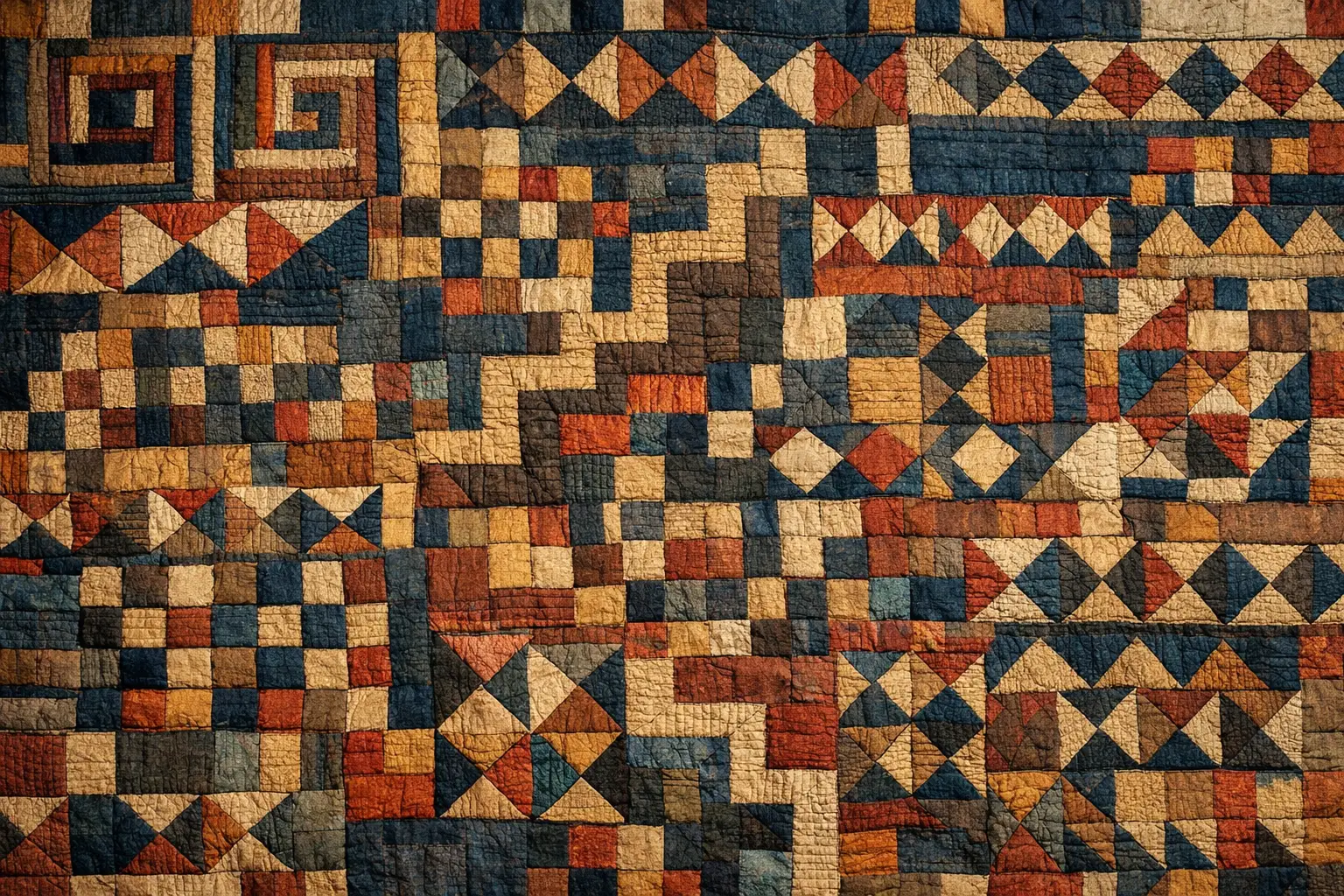 Overhead view of a handmade Gullah Geechee patchwork quilt with geometric patterns in indigo, rust, ochre, and cream, symbolizing movement, language, and survival.