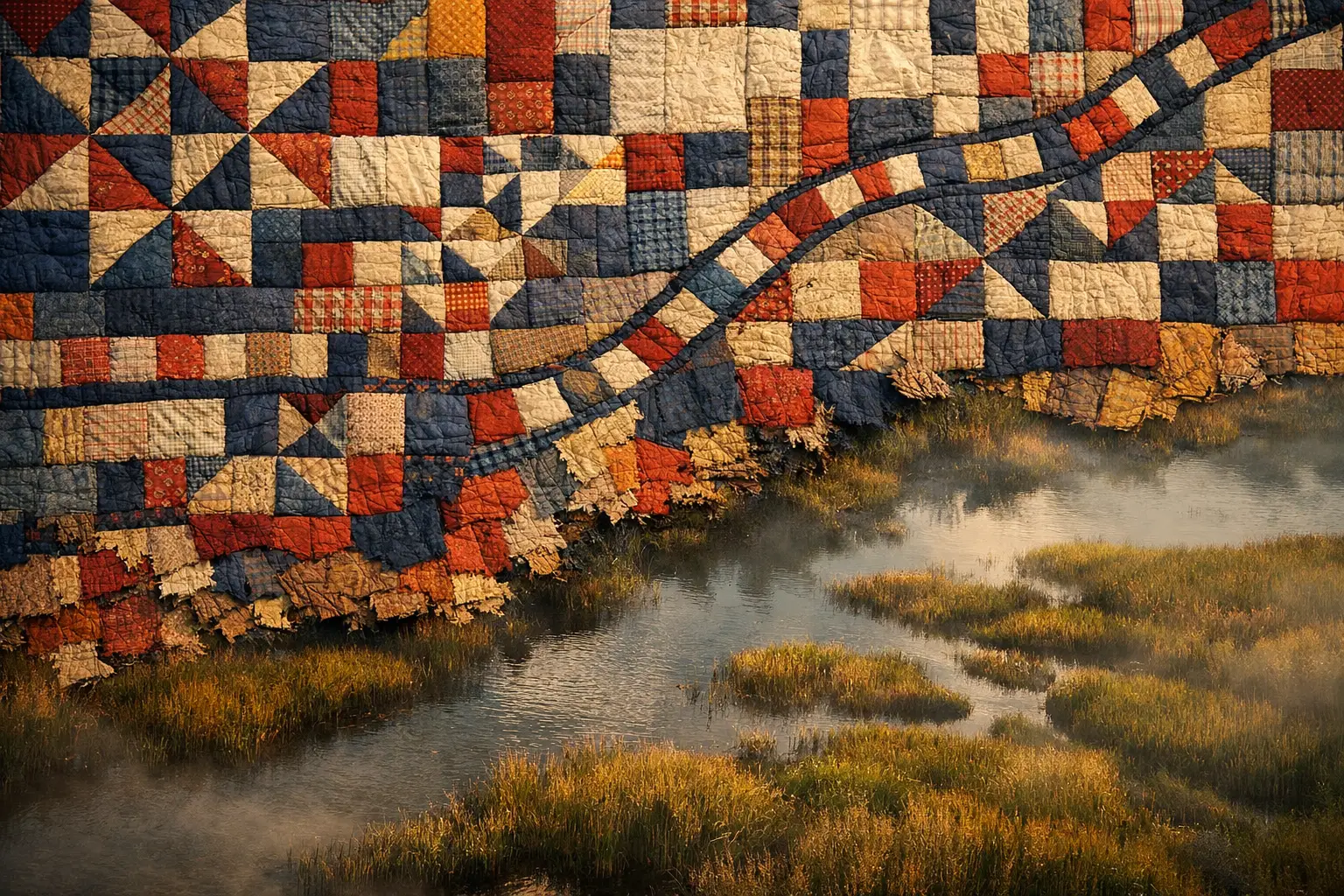 Overhead image of a Gullah Geechee patchwork quilt with geometric patterns transitioning into coastal marshland, photographed in soft natural light.