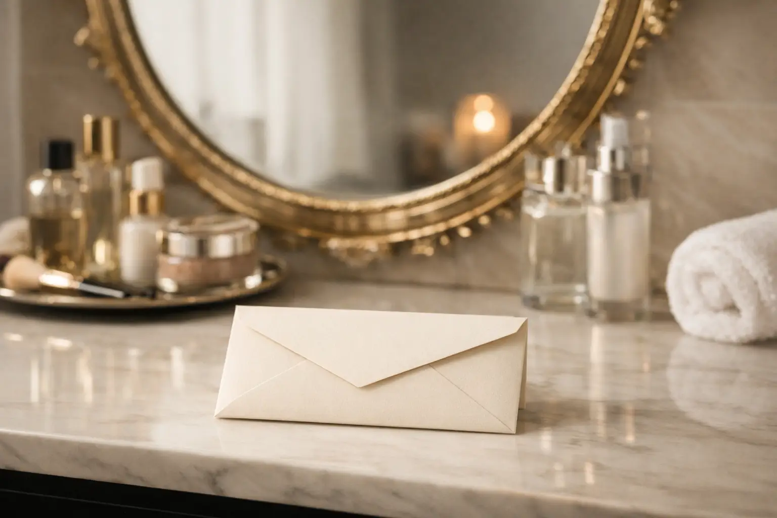 Unopened cream-colored envelope resting on a marble bathroom vanity beside beauty products and a mirror, symbolizing an overlooked email list asset in the beauty business.