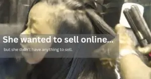 Hairstylist straightening a client’s hair in a salon while discussing selling products online without inventory.