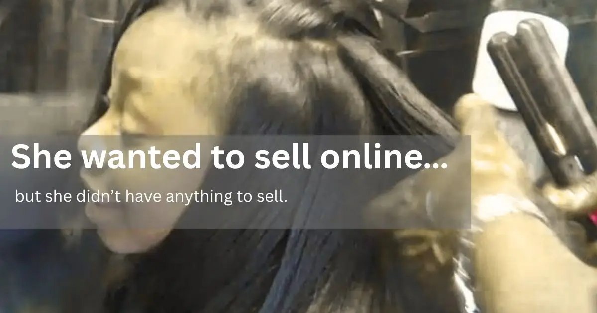 Hairstylist straightening a client’s hair in a salon while discussing selling products online without inventory.