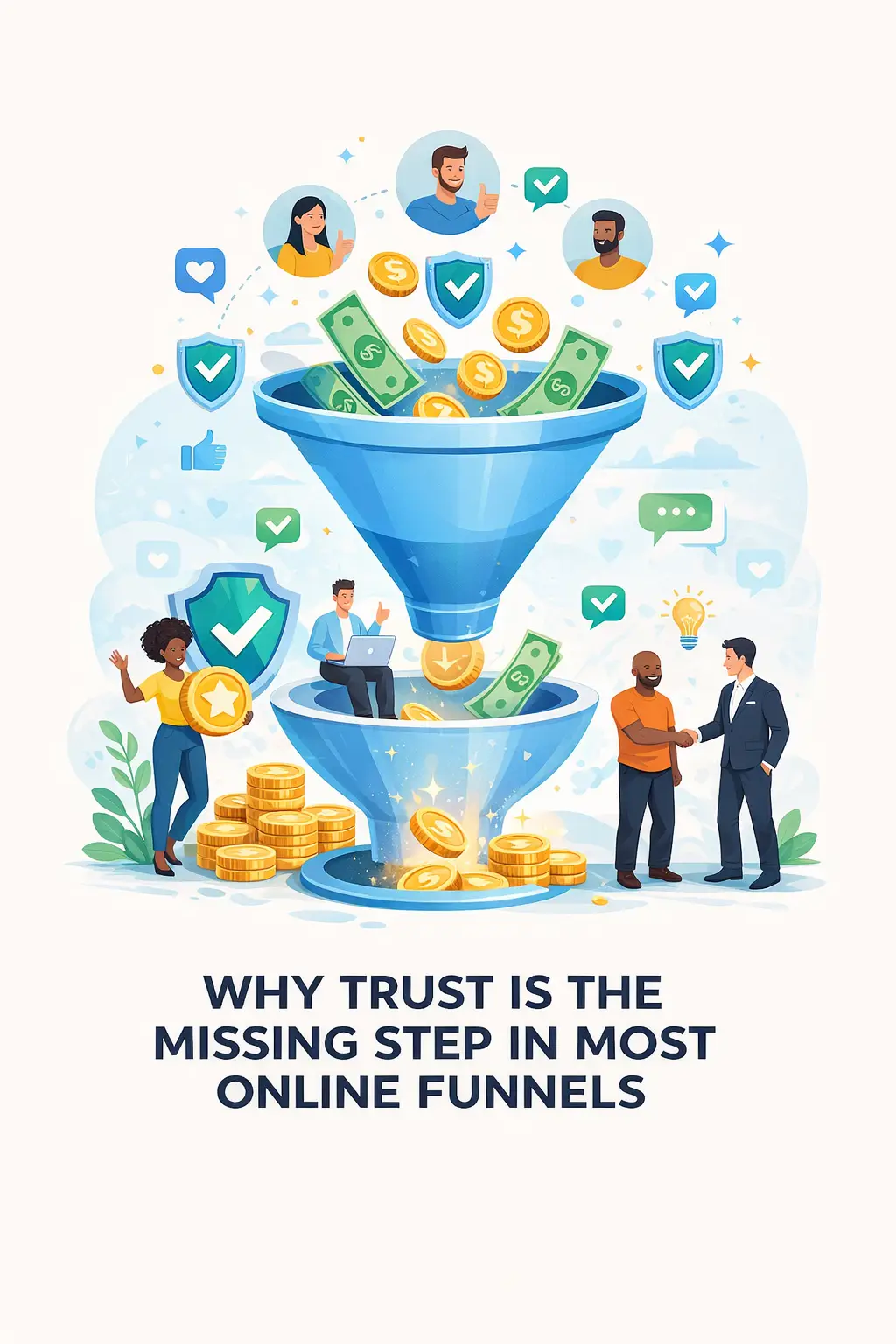 Illustration of an online sales funnel showing trust, customer interaction, and conversions as the foundation of successful digital marketing.