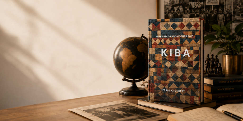 KIBA book cover displayed on a desk with a globe, historical photos, books, and warm lighting.