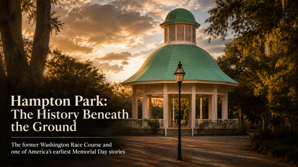 Hampton Park gazebo in Charleston with dramatic golden sky, representing the former Washington Race Course and the hidden history beneath the ground.