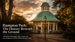 Hampton Park gazebo in Charleston with dramatic golden sky, representing the former Washington Race Course and the hidden history beneath the ground.